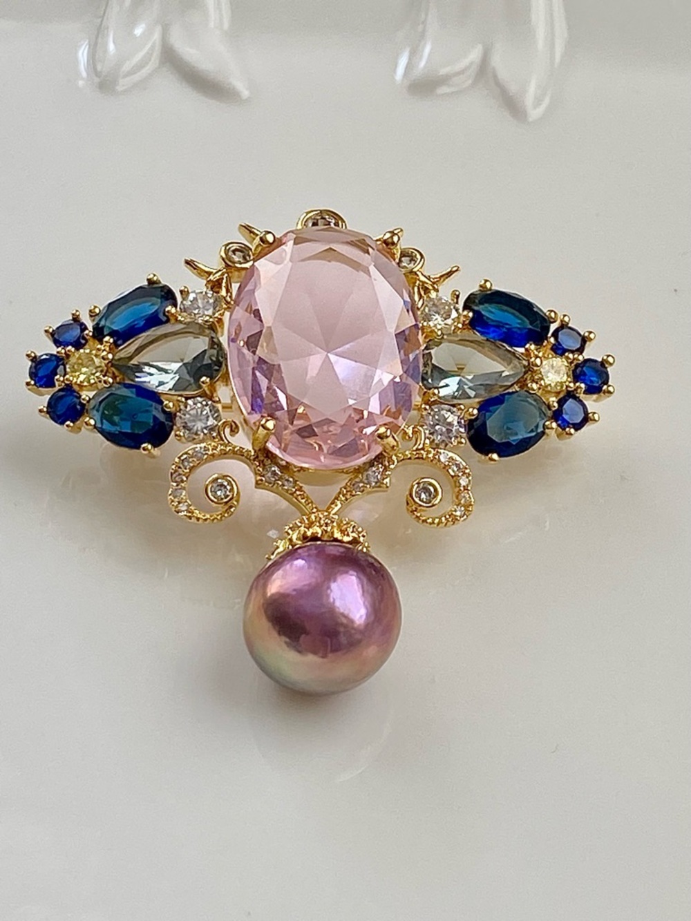 P241-Pink Crystal & Blue Stone Edison Pearl Drop 2 in 1 Brooch/Pendant